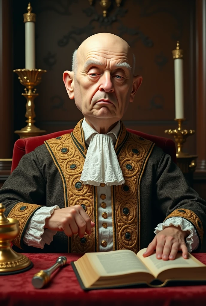 bald supreme court judge with an egg head dreaming about him being the queen of england