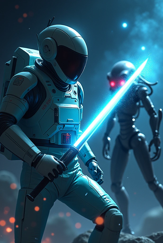 cyan colored male astronaut in a black helmet with a lighter sword battle with a murder drones with space background