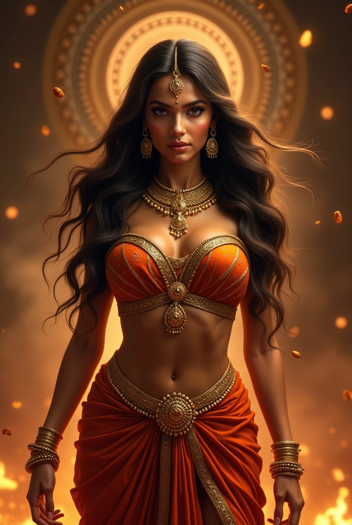 UHD, 16K, studio lighting, photorealistic, realistic, symmetric face, professional, stunning gorgeous girl, curvy muscular, bodybuilding, photo, toned legs, wide hips, small waist, large, big ass, 36DD Indian, beautiful Durga goddess, ((solo)), 1girl, powerful goddess, South Asian with long flowing hair, seductive young Indian beauty, big breasts, golden ornaments, deep cleavage, sexy navel, large breasts with ornate jewelry, Shakti goddess, spiritual goddess, intricate mehndi hands, glowing red aura, bindi, divine presence, sensual allure, cropped sari, divine energy, detailed, trending, masterpiece, realistic face, realistic skin, detailed eyes, decorated nails with red henna.