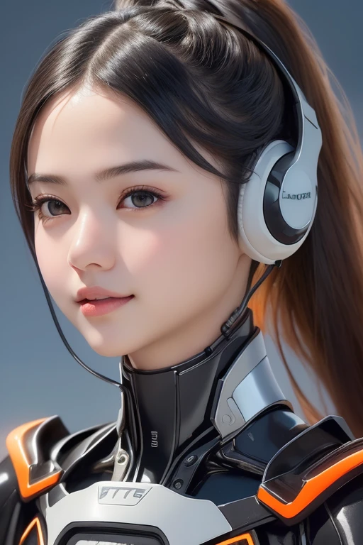 Top Quality, Masterpiece, Ultra High Resolution, (Photorealistic: 1.4), Raw Photo, 1 Girl, Black Hair, Glossy Skin, 1 Mechanical Girl, (((Ultra Realistic Details)), Portrait, Global Illumination, Shadows, Octane Rendering, 8K, Ultra Sharp, Intricate Ornaments Details, realistic skin, sweat effect, ((wearing Headphone)), very intricate detail, realistic light, CGSoation trend, brown eyes, glowing eyes, matte black and glossy orange mechanical , Long hair, black hair, Ponytail hair, full body shot, spaceship bridge background, dynamic pose, close up, smile, 