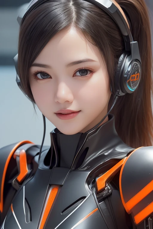 Top Quality, Masterpiece, Ultra High Resolution, (Photorealistic: 1.4), Raw Photo, 1 Girl, Black Hair, Glossy Skin, 1 Mechanical Girl, (((Ultra Realistic Details)), Portrait, Global Illumination, Shadows, Octane Rendering, 8K, Ultra Sharp, Intricate Ornaments Details, realistic skin, sweat effect, ((wearing Headphone)), very intricate detail, realistic light, CGSoation trend, brown eyes, glowing eyes, matte black and glossy orange mechanical bodysuit, Long hair, black hair, Ponytail hair, full body shot, spaceship bridge background, dynamic pose, close up, smile, 