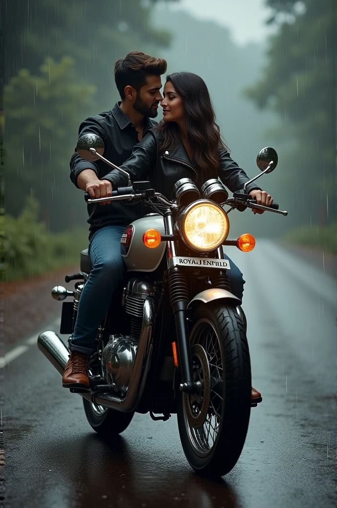 Couples setting on Royal Enfield Continental GT 650 in rain