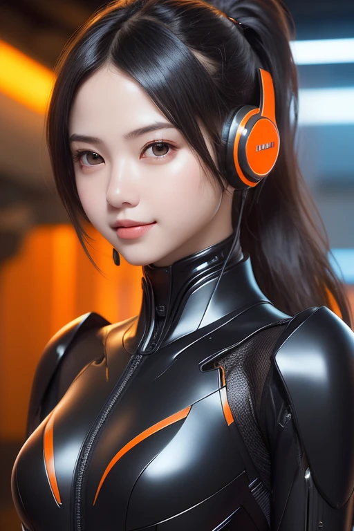 Top Quality, Masterpiece, Ultra High Resolution, (Photorealistic: 1.4), Raw Photo, 1 Girl, Black Hair, Glossy Skin, 1 Mechanical Girl, (((Ultra Realistic Details)), Portrait, Global Illumination, Shadows, Octane Rendering, 8K, Ultra Sharp, Intricate Ornaments Details, realistic skin, sweat effect, ((wearing Headphone)), very intricate detail, realistic light, CGSoation trend, brown eyes, glowing eyes, matte black and glossy orange mechanical bodysuit, Long hair, black hair, Ponytail hair, full body shot, spaceship bridge background, dynamic pose, close up, smile,