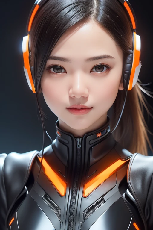 Top Quality, Masterpiece, Ultra High Resolution, (Photorealistic: 1.4), Raw Photo, 1 Girl, Black Hair, Glossy Skin, 1 Mechanical Girl, (((Ultra Realistic Details)), Portrait, Global Illumination, Shadows, Octane Rendering, 8K, Ultra Sharp, Intricate Ornaments Details, realistic skin, sweat effect, ((wearing Headphone)), very intricate detail, realistic light, CGSoation trend, brown eyes, glowing eyes, matte black and glossy orange mechanical bodysuit, Long hair, black hair, Ponytail hair, full body shot, spaceship bridge background, dynamic pose, close up, smile, 