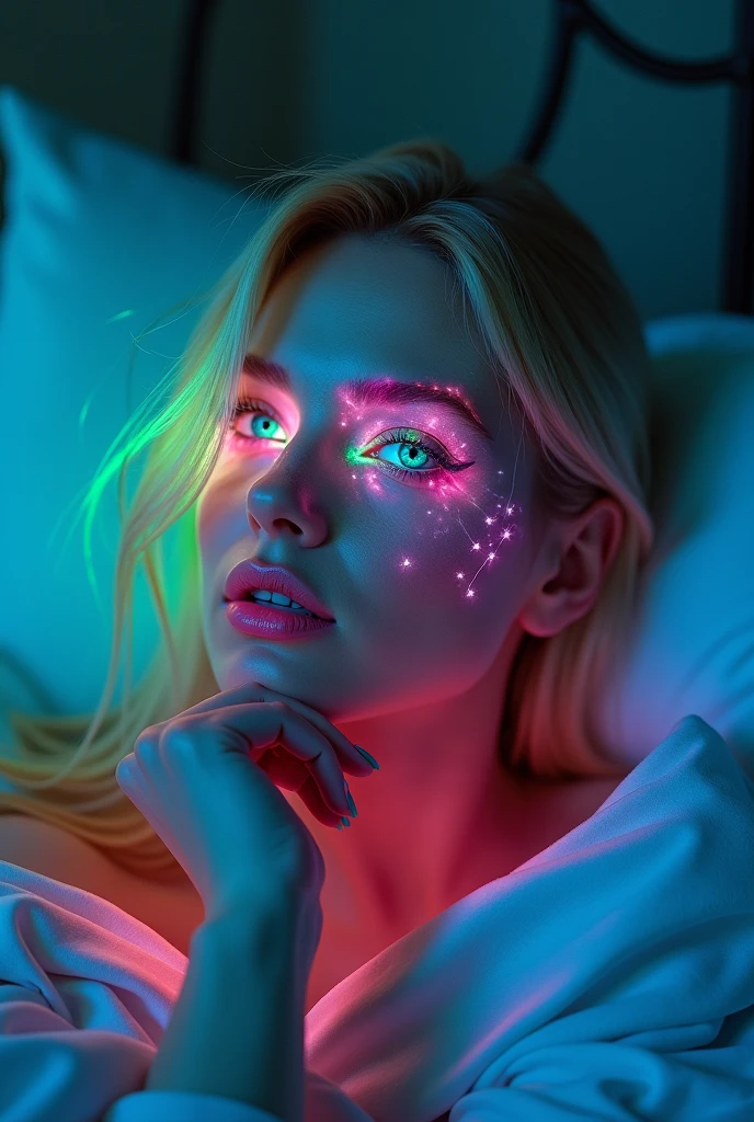 blond woman with blue eyes and pink makeup posing in bed, glowing pink face, soft portrait shot 8 k, glowing magenta face, glowing with colored light, sexy girl with green eyes, glowwave girl portrait, magenta lighting. fantasy, glowing neon skin, color photograph portrait 4k, 8 k sensual lighting, glowing pink eyes, sexy face with full makeup. Neon eyes beautiful
