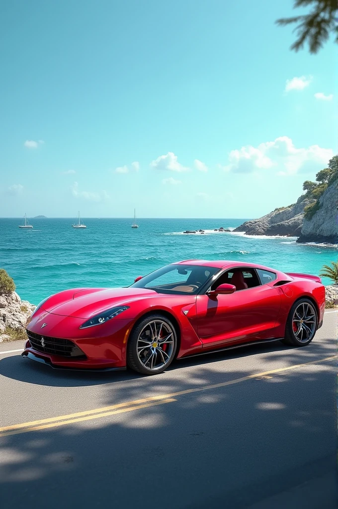 A red car in beside the sea