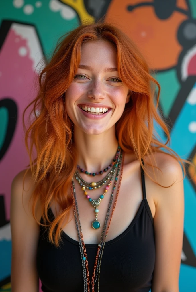 A, cheerful caucasian woman with wavy red hair , no make up, long nose, bucked teeth, wearing a black tank top and necklaces colorful graffiti, photorealism, camera mark3