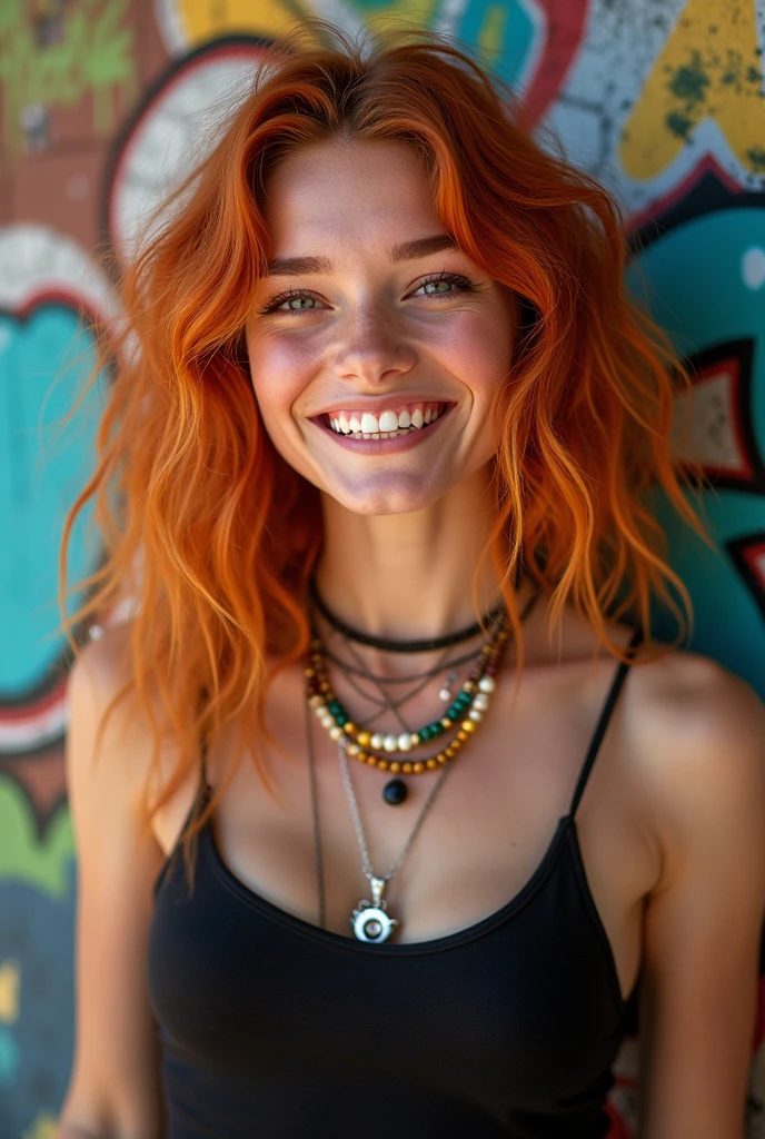 A, cheerful caucasian woman with wavy red hair , no make up, long nose, bucked teeth, wearing a black tank top and necklaces colorful graffiti, photorealism, camera mark3