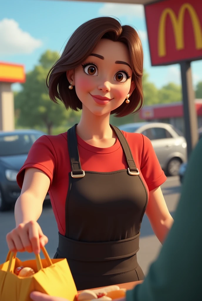 Contexte : Une journée ensoleillée au drive-thru de McDonald's.
Personnage : Une femme de 50 ans avec des cheveux bruns coupés court, portant l'uniforme de McDonald's : un t-shirt rouge et un tablier noir. Ses traits doivent être réalistes et naturels, sans stylisation excessive.
Action : Elle tend un sac rempli de commandes vers l'extérieur avec un sourire authentique, en veillant à ce que son expression soit naturelle et crédible.
Détails supplémentaires : Inclure des éléments réalistes comme l'arrière-plan d'un drive-thru, une voiture visible, et des détails sur la lumière du jour pour ajouter au réalisme.
Style : Réaliste, photo réaliste, avec une attention particulière aux détails et à l'authenticité des personnages.