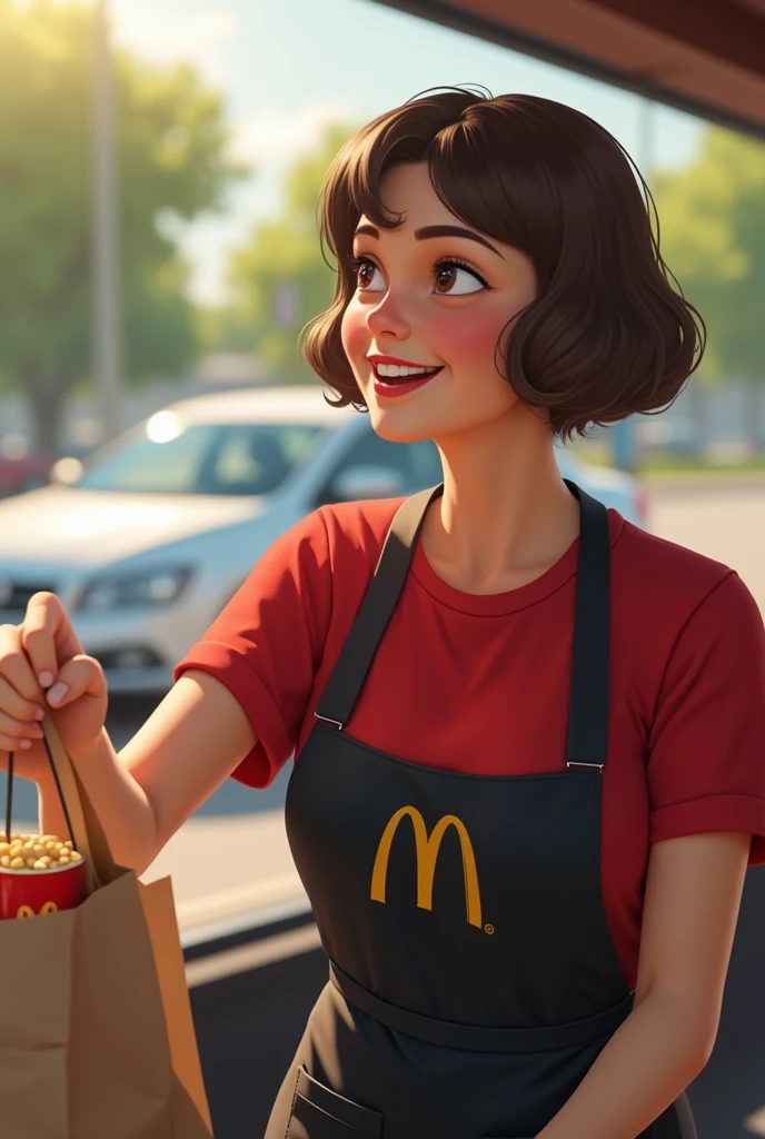 Contexte : Une journée ensoleillée au drive-thru de McDonald's.
Personnage : Une femme de 50 ans avec des cheveux bruns coupés court, portant l'uniforme de McDonald's : un t-shirt rouge et un tablier noir. Ses traits doivent être réalistes et naturels, sans stylisation excessive.
Action : Elle tend un sac rempli de commandes vers l'extérieur avec un sourire authentique, en veillant à ce que son expression soit naturelle et crédible.
Détails supplémentaires : Inclure des éléments réalistes comme l'arrière-plan d'un drive-thru, une voiture visible, et des détails sur la lumière du jour pour ajouter au réalisme.
Style : Réaliste, photo réaliste, avec une attention particulière aux détails et à l'authenticité des personnages.