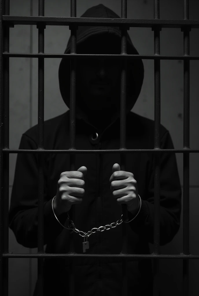 image of a man trapped behind bars with handcuffs that does not show his face, vertical image
