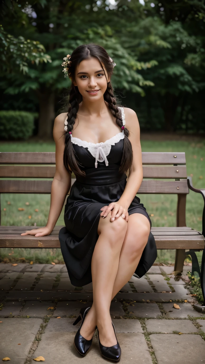 Realistic full body photo of a smiling black-haired woman with long hair, braids, She dances in front of the camera in a purple dirndl., Park,glamour fotoshooting, Wedding celebration, perfect anatomy, perfect brown eyes. Perfect hands with 5 fingers on each hand, Matching girl, looking at the camera, 1 Frau. (Eye make up:1.1), (highly detailed skin:1.1), spirit, analog style, keen focus, 8K  UHD, dslr, good quality, Fujifilm XT3, Grain, Award-winning, ​masterpiece. Wedding celebration. She sits on a bench and shows her beautiful legs. Beautiful shoes