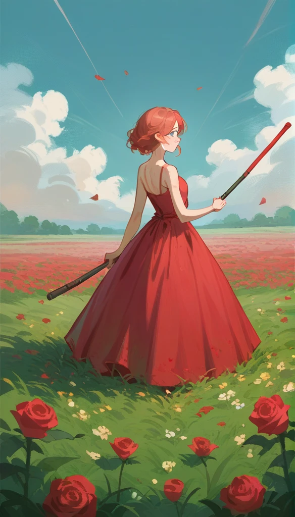 1 girl, solo,berasts,rose,red dress,Hand holding a baton,Flower field