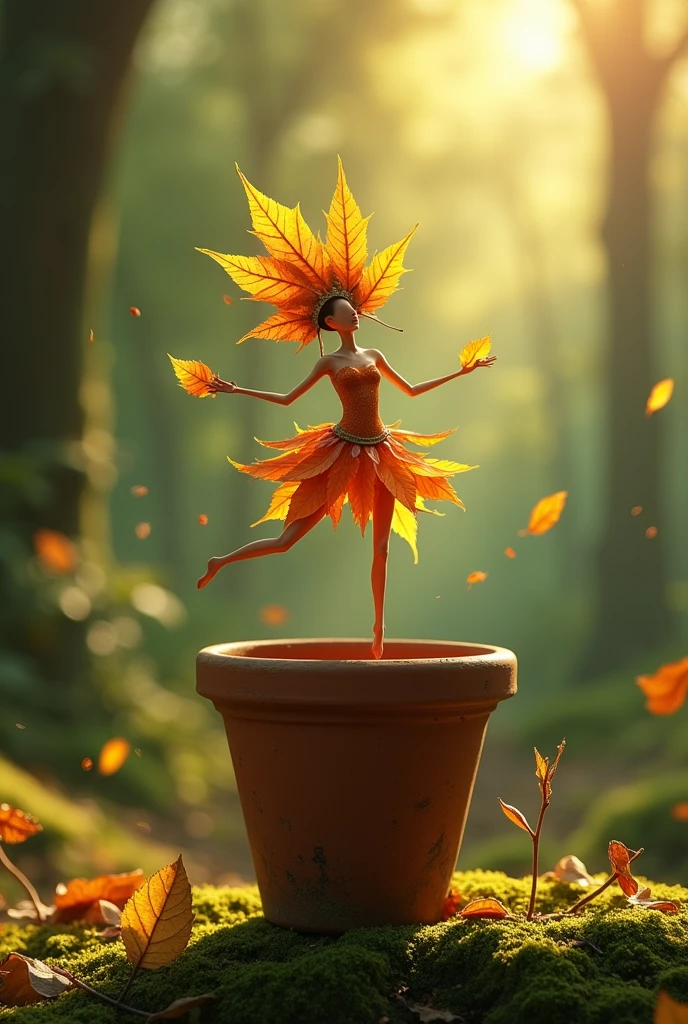 A whimsical miniature figure composed of delicately arranged autumn leaves, poised in a carefree dance on the rim of a weathered, moss-covered terracotta pot, set against a lush, vibrant forest backdrop, where dappled sunlight filters through the canopy above, casting intricate shadows. The overall aesthetic is ethereal, with warm, earthy tones of sienna, umber, and olive green, infused with hints of emerald and golden light, evoking a sense of wonder and enchantment, as if plucked from a fantastical realm.