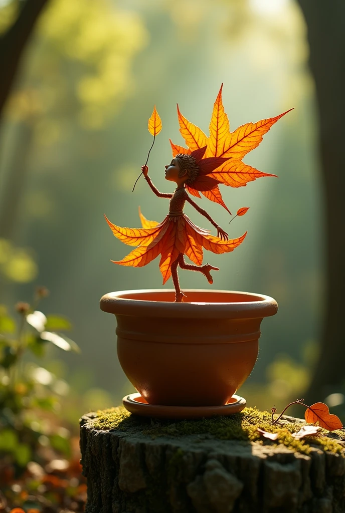 A whimsical miniature figure composed of delicately arranged autumn leaves, poised in a carefree dance on the rim of a weathered, moss-covered terracotta pot, set against a lush, vibrant forest backdrop, where dappled sunlight filters through the canopy above, casting intricate shadows. The overall aesthetic is ethereal, with warm, earthy tones of sienna, umber, and olive green, infused with hints of emerald and golden light, evoking a sense of wonder and enchantment, as if plucked from a fantastical realm.