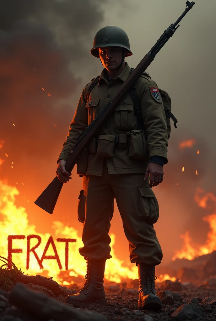 American WWII soldier holding a gun and writing frat in capital letters on fire
