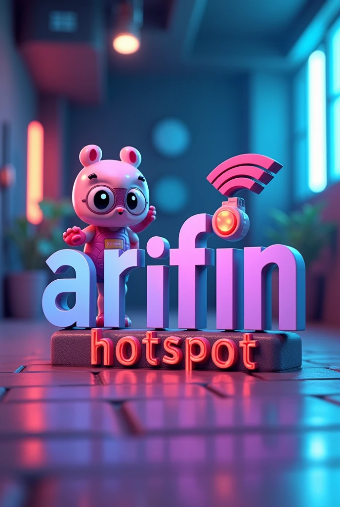 The 3D text logo says “ARIFIN HOTSPOT” at the bottom with a gaming-themed wifi mascot.