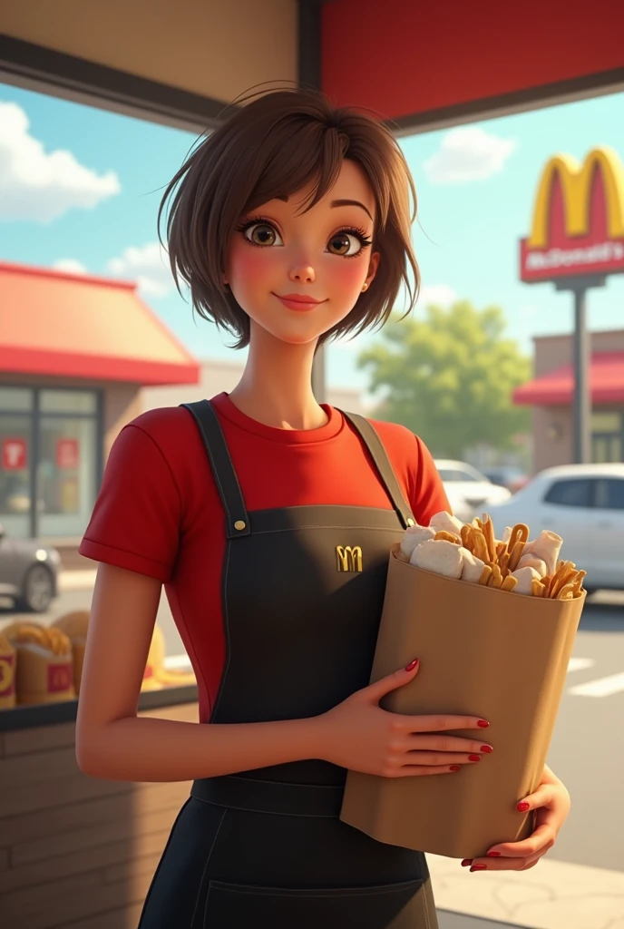 Context: A sunny day at the McDonald's drive-thru.
Character: A 50-year-old woman with short-cropped brown hair, wearing McDonald's uniform: a red T-shirt and black apron. Her features should be realistic and natural, without excessive stylization.
Action: She holds a bag full of orders outwards with a genuine smile, making sure her expression is natural and believable.
Additional details: Include realistic elements such as a drive-thru background, a visible car, and daylight details to add realism.
Style: Realistic, photo realistic, with attention to detail and character authenticity.

Translated with DeepL.com (free version)