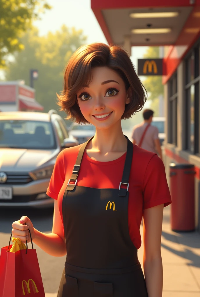 Context: A sunny day at the McDonald's drive-thru.
Character: A 50-year-old woman with short-cropped brown hair, wearing McDonald's uniform: a red T-shirt and black apron. Her features should be realistic and natural, without excessive stylization.
Action: She holds a bag full of orders outwards with a genuine smile, making sure her expression is natural and believable.
Additional details: Include realistic elements such as a drive-thru background, a visible car, and daylight details to add realism.
Style: Realistic, photo realistic, with attention to detail and character authenticity.

Translated with DeepL.com (free version)