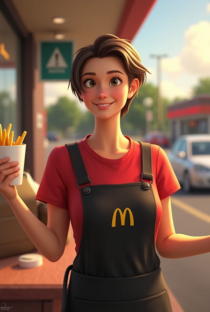 Context: A sunny day at the McDonald's drive-thru.
Character: A 50-year-old woman with short-cropped brown hair, wearing McDonald's uniform: a red T-shirt and black apron. Her features should be realistic and natural, without excessive stylization.
Action: She holds a bag full of orders outwards with a genuine smile, making sure her expression is natural and believable.
Additional details: Include realistic elements such as a drive-thru background, a visible car, and daylight details to add realism.
Style: Realistic, photo realistic, with attention to detail and character authenticity.

Translated with DeepL.com (free version)