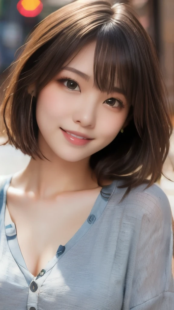 8k,Highest quality,(masterpiece:1.2),(Realistic),(Realistic:1.37),Ultra-high resolution,1 female college student,smile,Beautiful Eyes,Beautiful teeth alignment, In town,(((Cute casual clothes))),Big Breasts,Perfect body,Perfect Fingers,Professional Lighting,gravure,Detailed face and skin texture,fine grain,RAW Photos