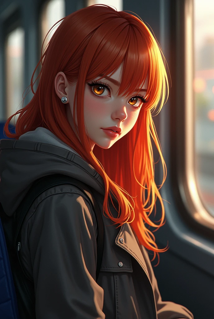 (masterpiece, sidelighting, ultra-detailed, finely detailed beautiful eyes: 1.2), 1girl, bag, building, from side, headphones, hood, hood down, hooded jacket, hoodie, jacket, long hair, orange hair, profile, red hair, solo, train, train interior, upper body, Masterpiece, best quality