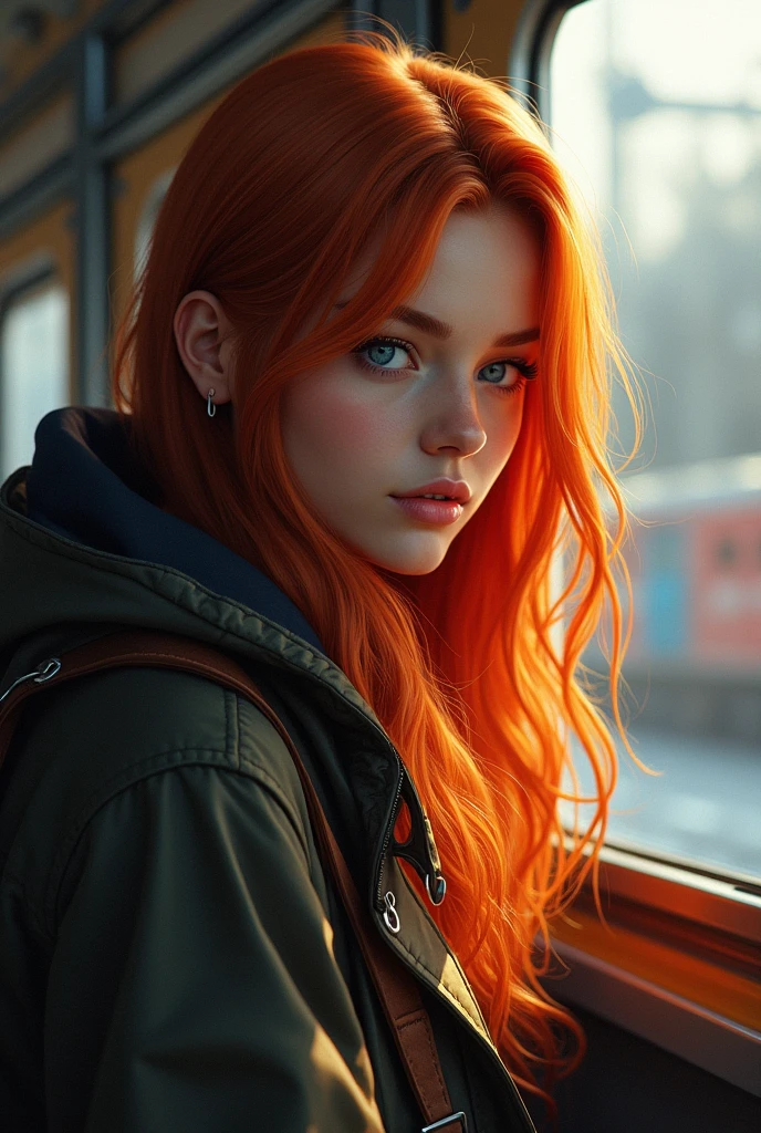 (masterpiece, sidelighting, ultra-detailed, finely detailed beautiful eyes: 1.2), 1girl, bag, building, from side, headphones, hood, hood down, hooded jacket, hoodie, jacket, long hair, orange hair, profile, red hair, solo, train, train interior, upper body, Masterpiece, best quality