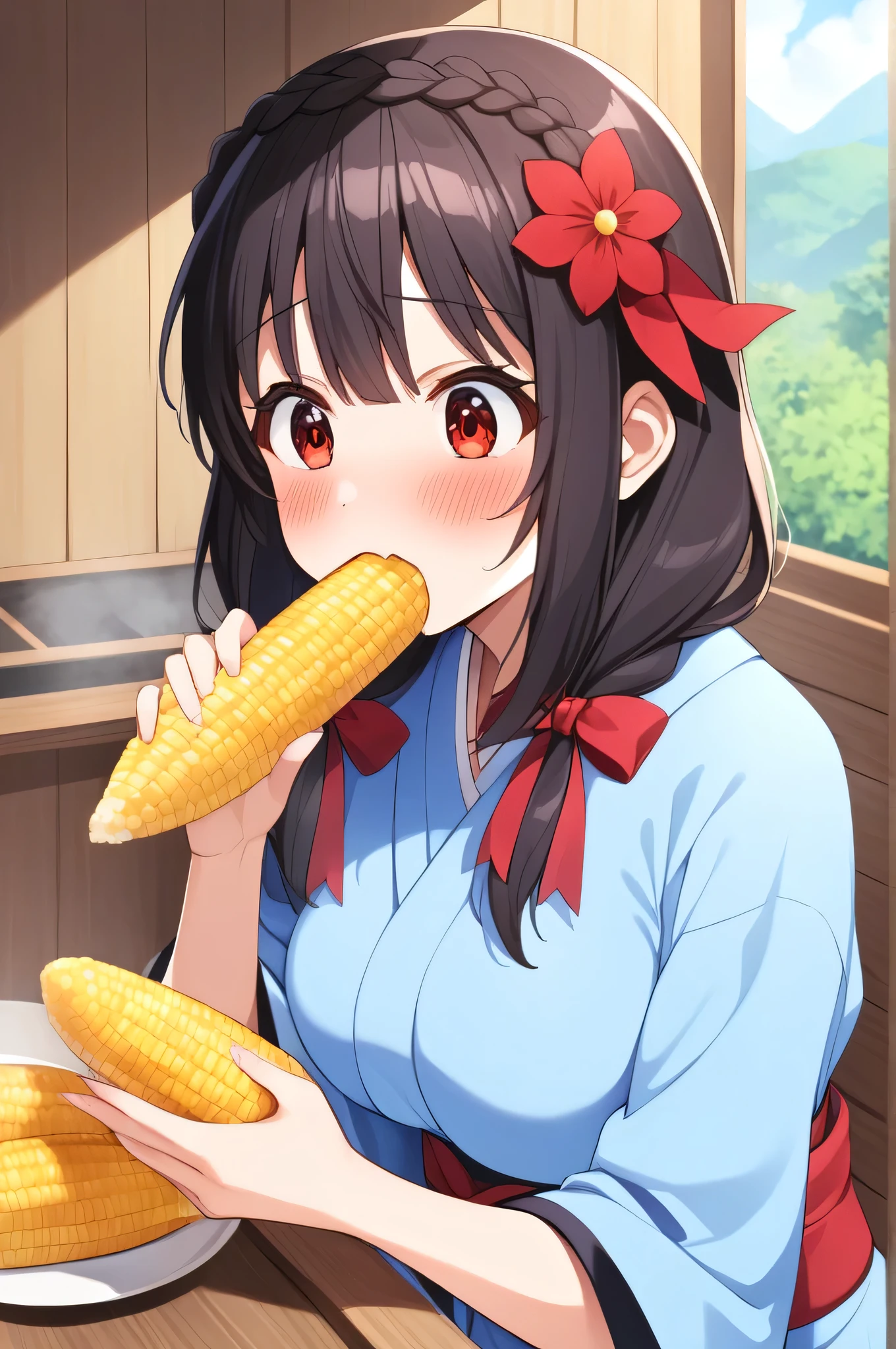 alone, One Girl、Surprised expression、A crown braid the color of her hair, hair ornaments, Hair Ribbon,(Pale blue kimono with red floral pattern and red obi.)、Red eyes、Black Hair、(blush:1.4)、My breasts are a little large、He is eating fragrant grilled corn with great gusto.、stall
