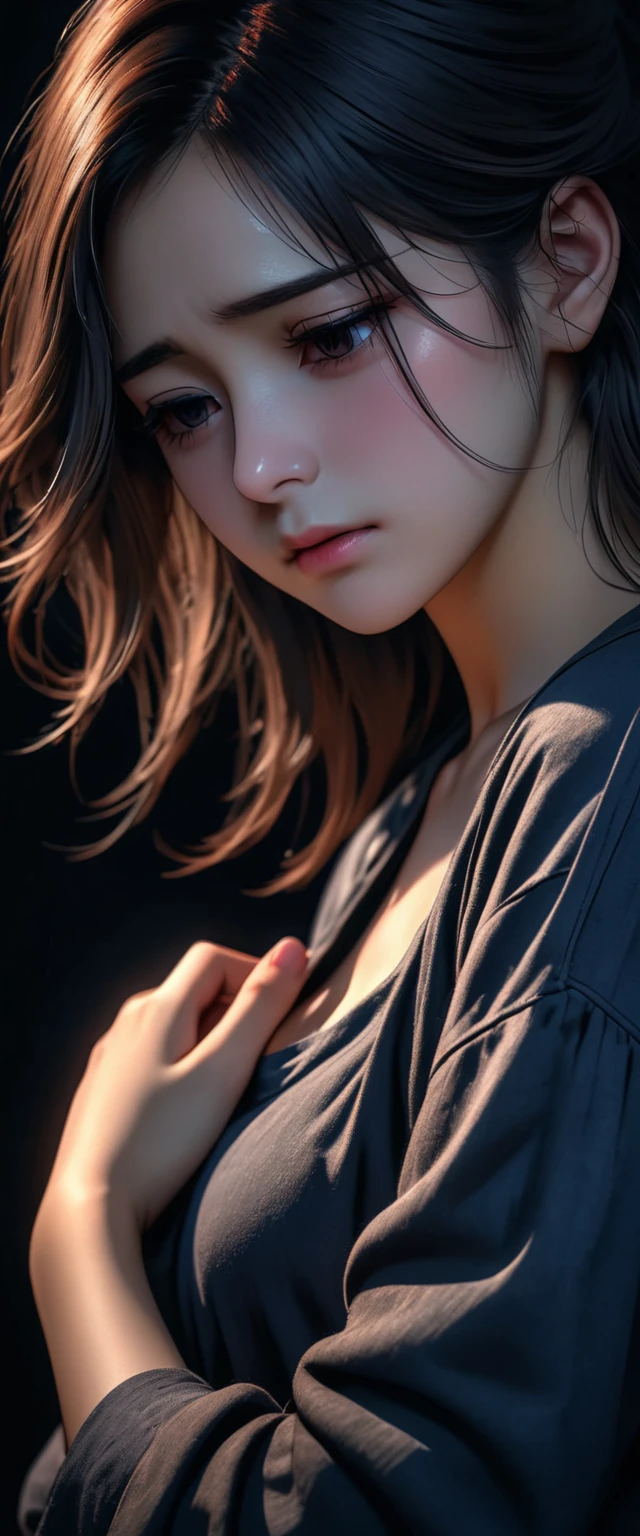 Masterpiece, HDR, 8K, a girl about 2, beautiful, dark background, looking forward, his hand was on the left side of his chest, as if he felt pain in his heart, aesthetic dark image.