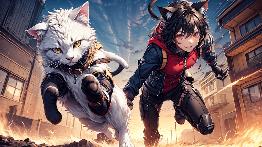 (((Best resolution, Textured skin, high quality, Precise CG unification, game CG))), (a cat), bipedal walking, (action pose: 1.4), dynamic angle, smile, wearing a jacket,