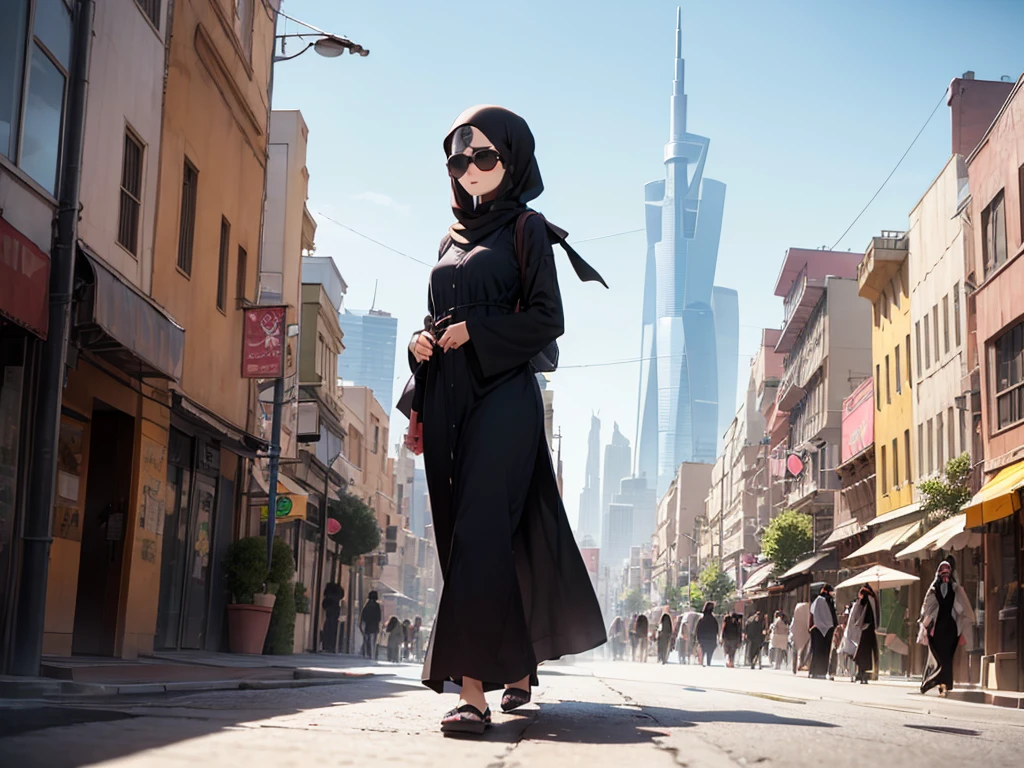 arabic woman . wearing abaya , walking in riyadh street looking at the kingdom tower wearing sunglasses