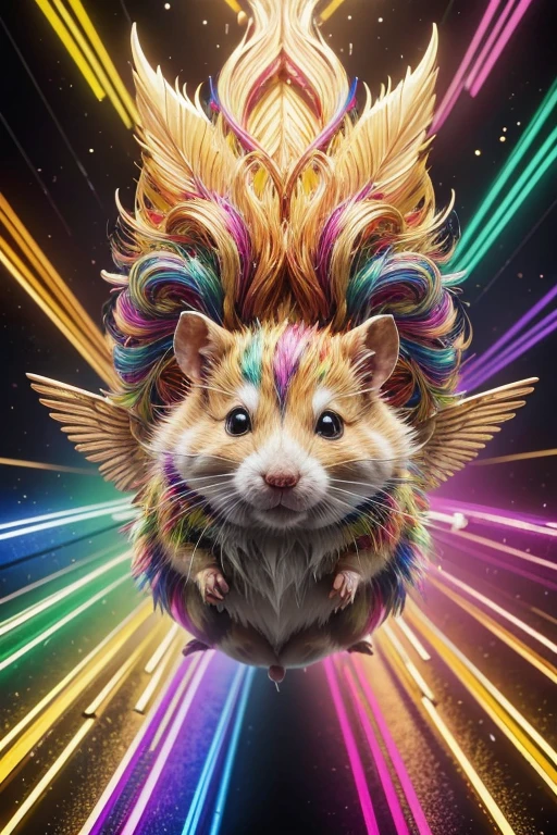 art for youtube channel, with 3d gatoro catching a crypto currency that is flying with wings, colorful and colorful clothes, colorful metallic mirrored background with golden edges, with crypto coins ltc and btc and ton, hamster kokbat,
