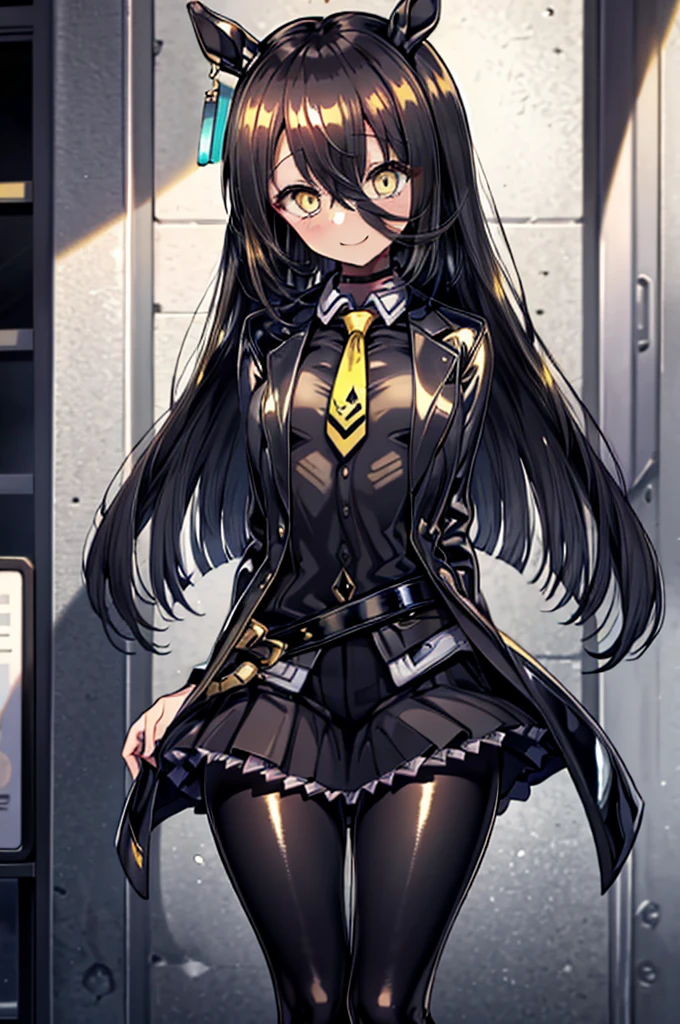 masterpiece, Highest quality:1.2), Manhattan Cafe(umamusume), One Woman, alone,Glowing Skin、Yellow Eyes、Eyes without highlights、Thick legs、Are standing、Cowboy Shot、smile、((latex))、A shiny black skirt, A shiny, black business shirt、Shiny yellow tie, Glossy black jacket,pantyhose、