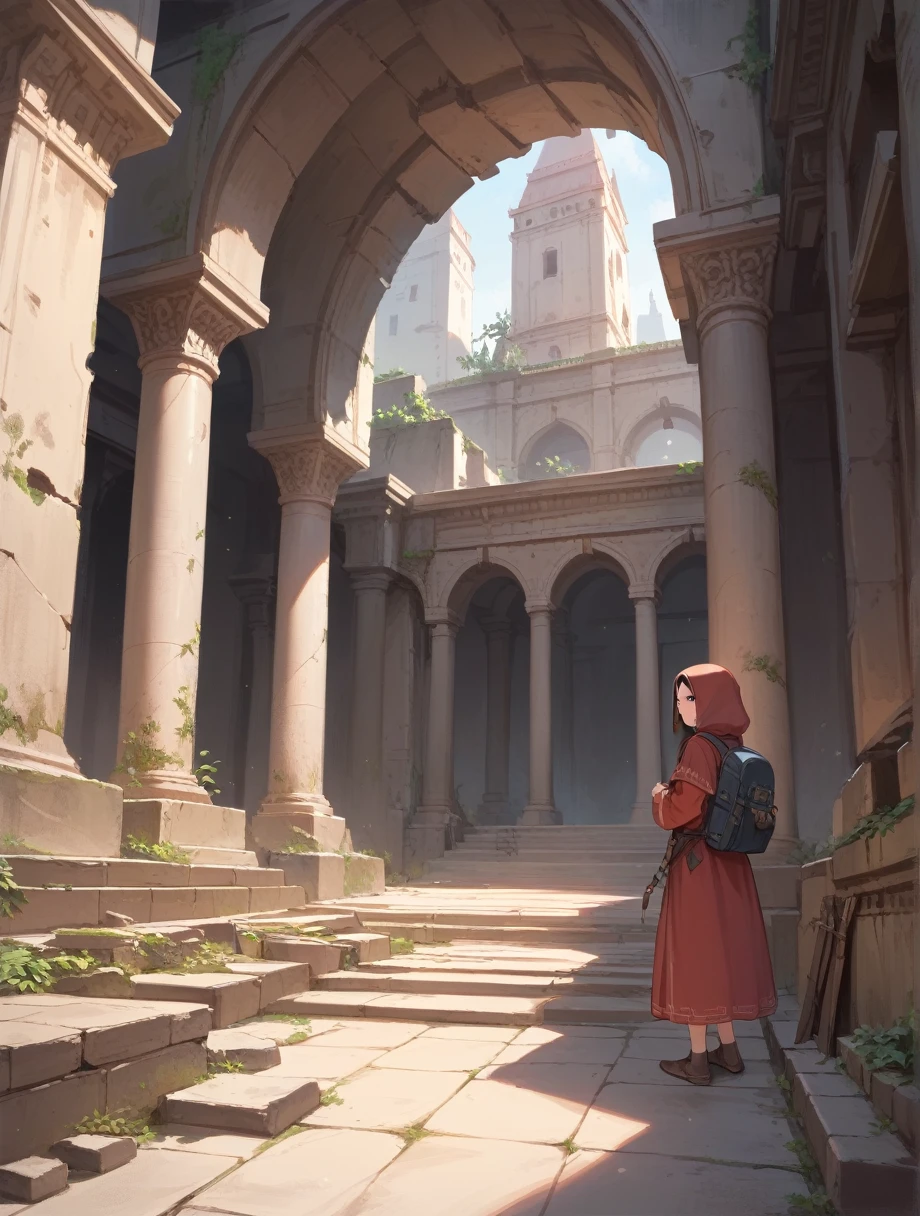 score_9, score_8_up, score_7_up, score_anime, masterpiece, best quality, delicate illustration, sharp line, sharp focus, BREAK,Traveler girl wandering in the ruins of endless night, the girl is wearing a hood, a lot of baggage in her backpack.