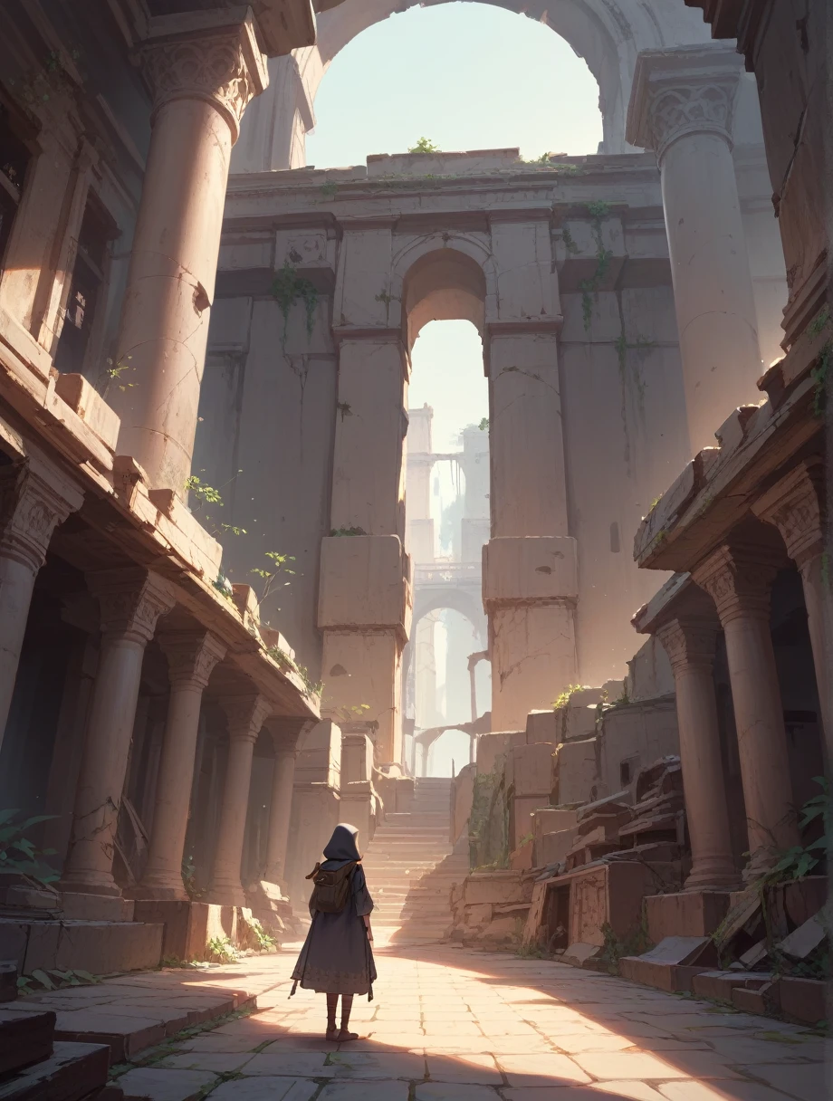 score_9, score_8_up, score_7_up, score_anime, masterpiece, best quality, delicate illustration, sharp line, sharp focus, BREAK,Traveler girl wandering in the ruins of endless night, the girl is wearing a hood, a lot of baggage in her backpack.
