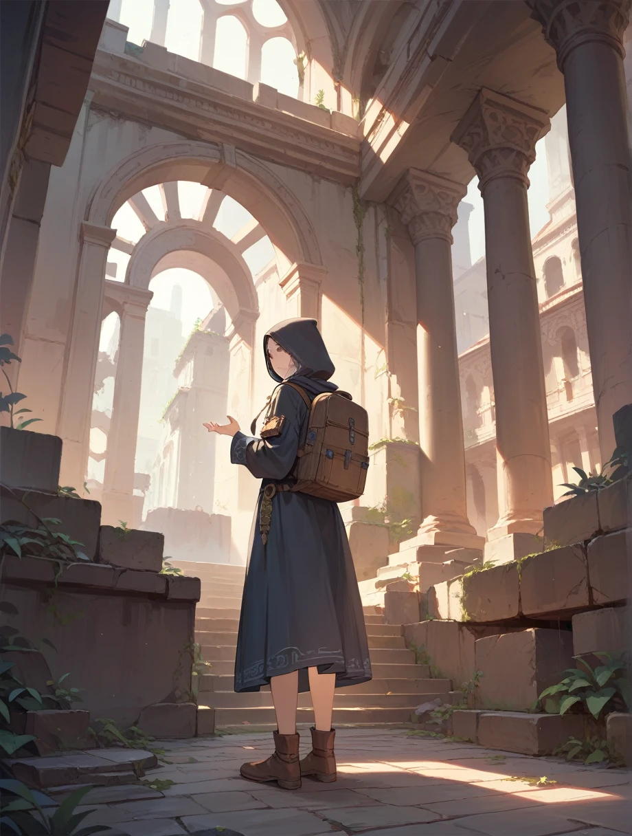 score_9, score_8_up, score_7_up, score_anime, masterpiece, best quality, delicate illustration, sharp line, sharp focus, BREAK,Traveler girl wandering in the ruins of endless night, the girl is wearing a hood, a lot of baggage in her backpack.