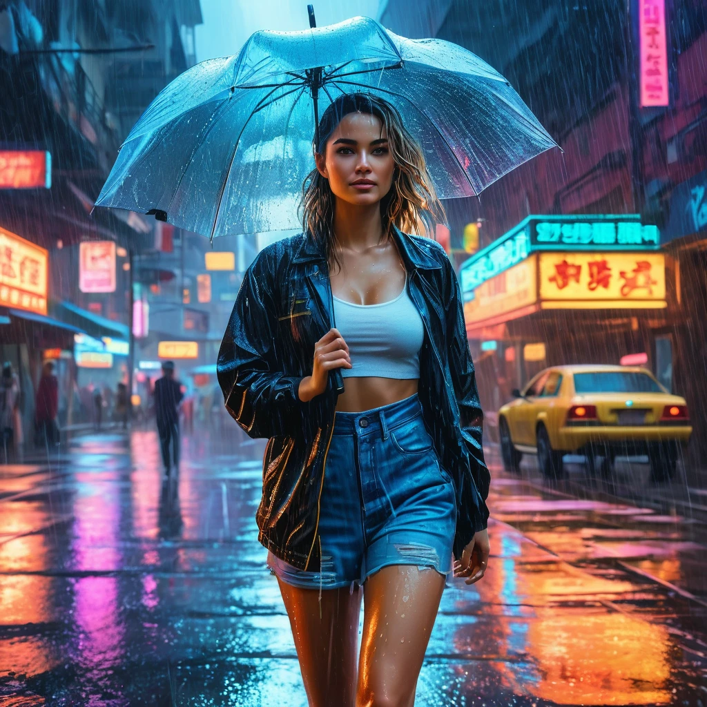 Gorgeous girl of summer, walks in rain, detailed, cinematic, scenic, beautiful, vibrant colors, enhanced light, colorful, illuminated, majestic, clear, coherent, neonpunk, painterly, brush strokes, cinematic