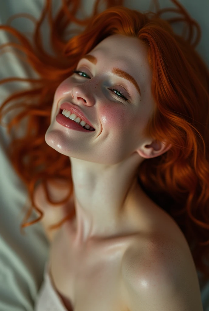 Image of a red-haired woman with green eyes, freckles on the face, completely naked with a look of pleasure.