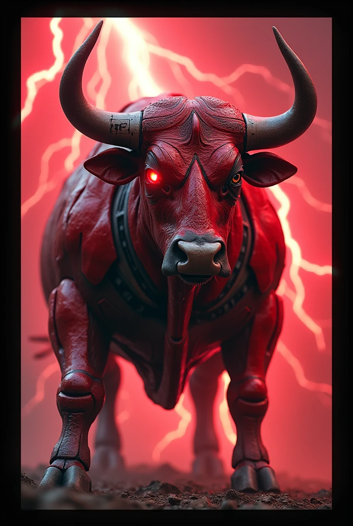 Bull with red eye and red robo costume and black border with background red lightning and it's horn has cracked