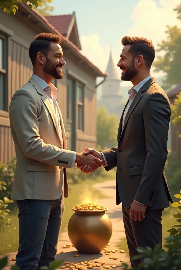 The two men shake hands with a smile, standing outside the house, symbolizing mutual respect and integrity. The pot of gold is placed on the ground between them, showing they are more focused on honesty than material wealth.