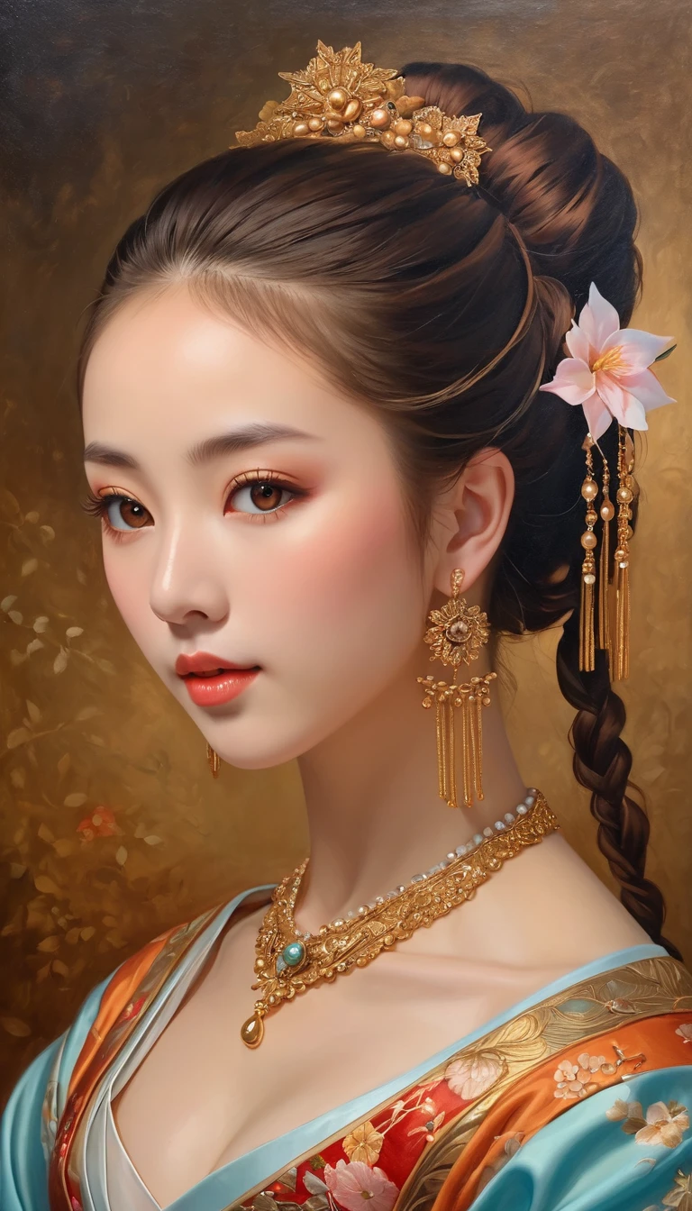 (High resolution,masterpiece:1.2),(Realistic:1.37)"(Highest quality, High resolution, Very detailed, Realistic),Portrait of a beautiful Japanese ballet dancer from the 19th century, (She is half Ukrainian and half Kenyan., She is a beautiful woman with deep brown eyes and a high nose.:1.1), Exquisite ballet costumes, Detailed facial features, Long and graceful neck, Flowing locks of hair, Calm and elegant posture, Soft and delicate lighting, Classical Oil Painting Medium, Vibrant colors, Delicate background with star motif", Dreamy atmosphere, Surrealism,Mysterious Aura