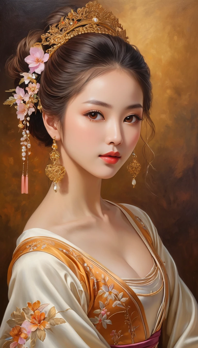 (High resolution,masterpiece:1.2),(Realistic:1.37)"(Highest quality, High resolution, Very detailed, Realistic),Portrait of a beautiful Japanese ballet dancer from the 19th century, (She is half Ukrainian and half Kenyan., She is a beautiful woman with deep brown eyes and a high nose.:1.1), Exquisite ballet costumes, Detailed facial features, Long and graceful neck, Flowing locks of hair, Calm and elegant posture, Soft and delicate lighting, Classical Oil Painting Medium, Vibrant colors, Delicate background with star motif", Dreamy atmosphere, Surrealism,Mysterious Aura