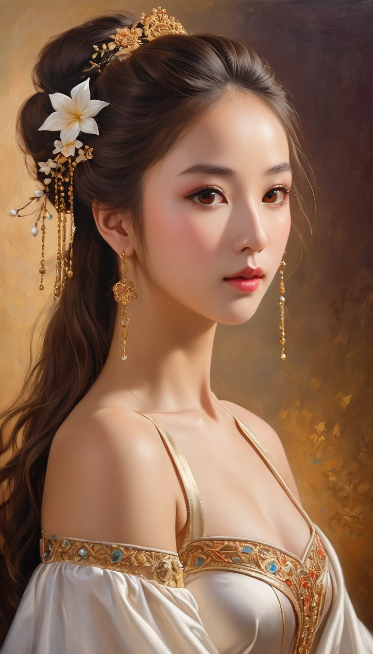 (High resolution,masterpiece:1.2),(Realistic:1.37)"(Highest quality, High resolution, Very detailed, Realistic),Portrait of a beautiful Japanese ballet dancer from the 19th century, (She is half Ukrainian and half Kenyan., She is a beautiful woman with deep brown eyes and a high nose.:1.1), Exquisite ballet costumes, Detailed facial features, Long and graceful neck, Flowing locks of hair, Calm and elegant posture, Soft and delicate lighting, Classical Oil Painting Medium, Vibrant colors, Delicate background with star motif", Dreamy atmosphere, Surrealism,Mysterious Aura