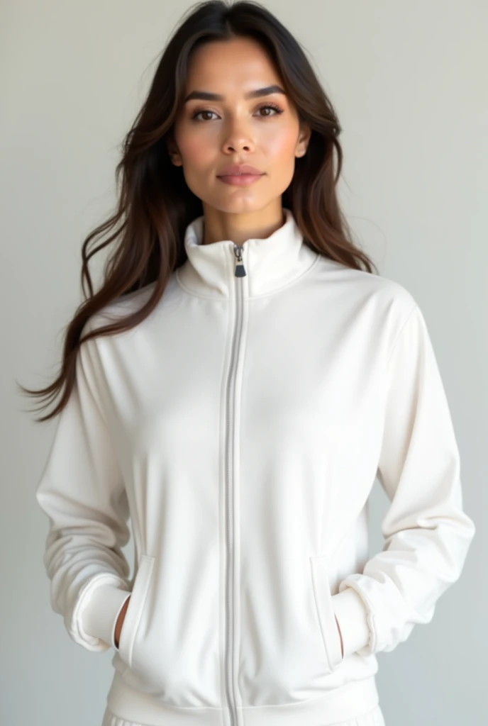Beautiful girl, women’s Long Sleeve Track Jacket white Mockup – front view and back view. Track Jacket with zipper
