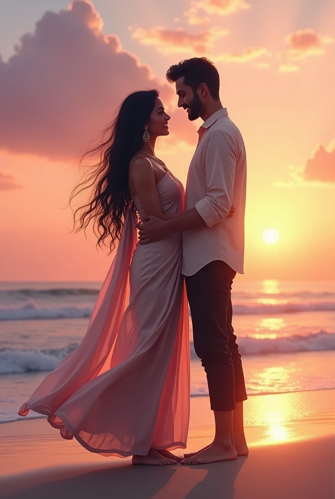 Here's a detailed prompt for the image:

"An Arabic couple standing on a serene beach at sunset, looking at each other with love. The woman is wearing a traditional saree in soft pastel colors, with long, flowing black hair, and delicate jewelry like bangles and earrings. The man is dressed in a casual yet elegant outfit, wearing a light-colored shirt and dark pants. They are barefoot, with gentle waves touching their feet. The sky is painted with shades of pink, orange, and purple, creating a romantic ambiance. The ocean is calm, and the sun is setting on the horizon, casting a warm glow around them."