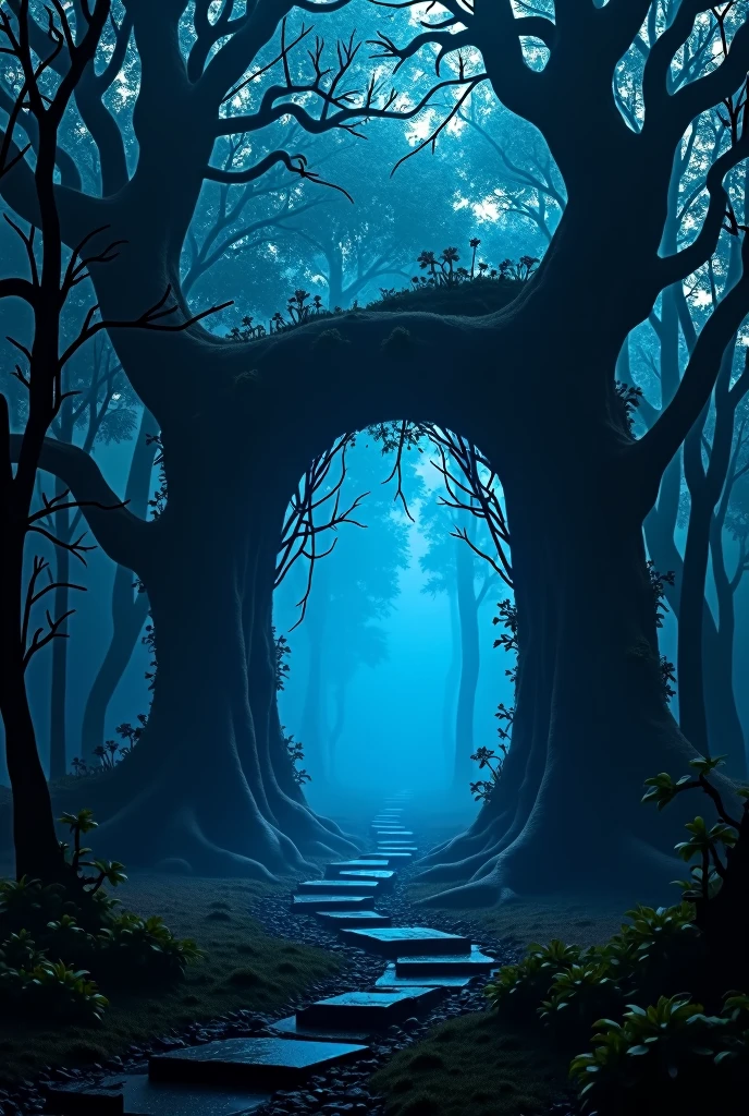 A very dark forest,no light enters, It has very tall trees where a black and mystical portal is generated with the branches of some trees.,This portal is very subtle, not very striking, The light that permeates the environment is blue