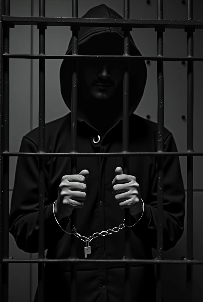 image of a man trapped behind bars with handcuffs that does not show his face, vertical image