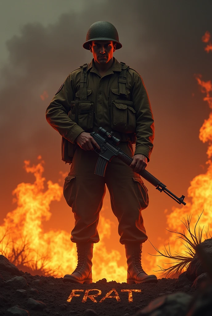 American WWII soldier holding a gun and writing frat in capital letters on fire