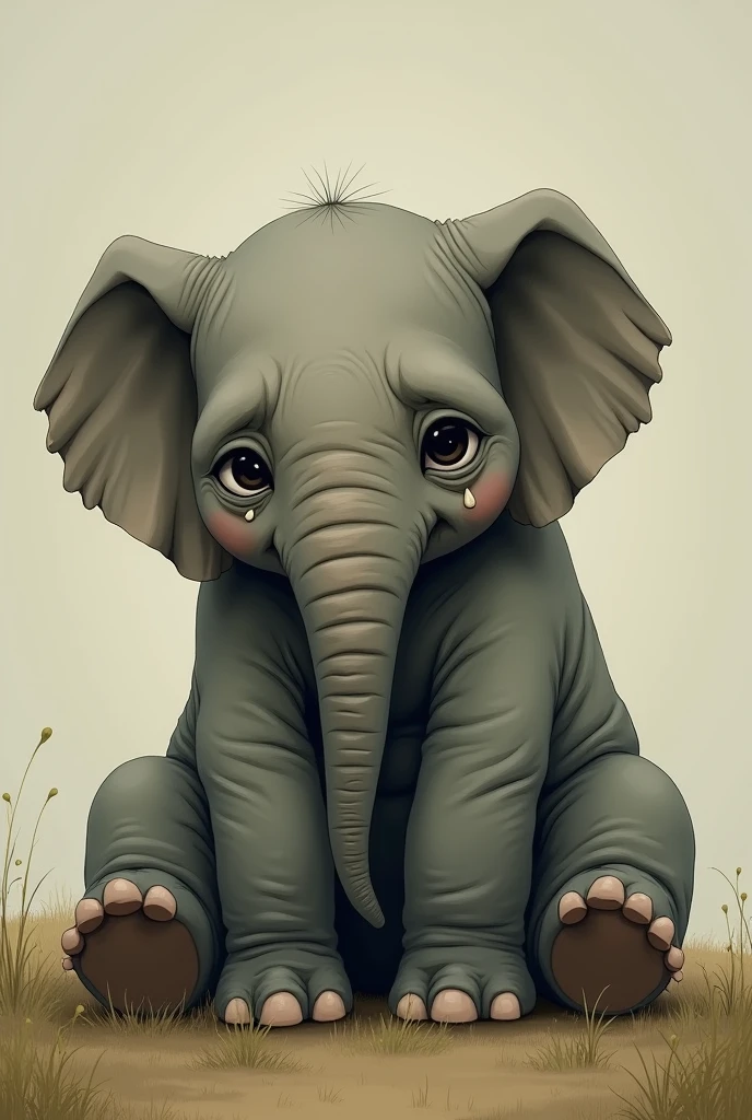 An illustration、elephant、I&#39;m a little fat、Droopy eyes、Sad face、Are crying、Sitting down