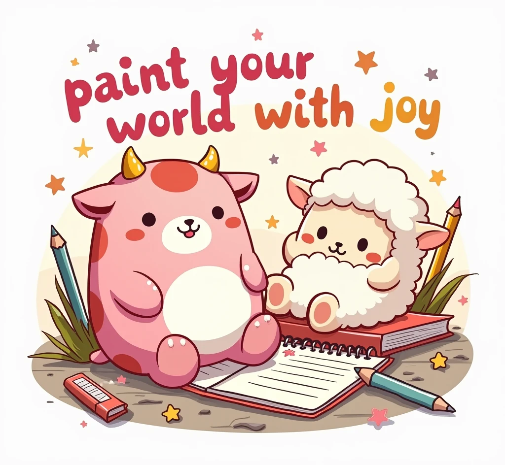 The illustration must feature stationery objects (as colored pencils, pens, notebooks) and two cartoon-style Squishmallows. The first Squishmallow is a happy pink cow, with vibrant colors and details reminiscent of a teddy bear, with a rounded and cozy shape. The second Squishmallow is a cute sheep, also with a plush appearance and with cute and delicate features. Both Squishmallows are in different situations/places that suggest a school fun vibe. Art must have an organic distribution, suitable for shirt printing, avoiding rigid rectangular shapes. Below this scene, inclua o texto “Paint your world with joy,” styled in a fun and colorful way, with the font color transitioning from pink at the top to yellow at the bottom, imitating a sunset. The overall art should evoke a sense of school nostalgia and the joy of drawing., reflecting the theme of a high school summer.
